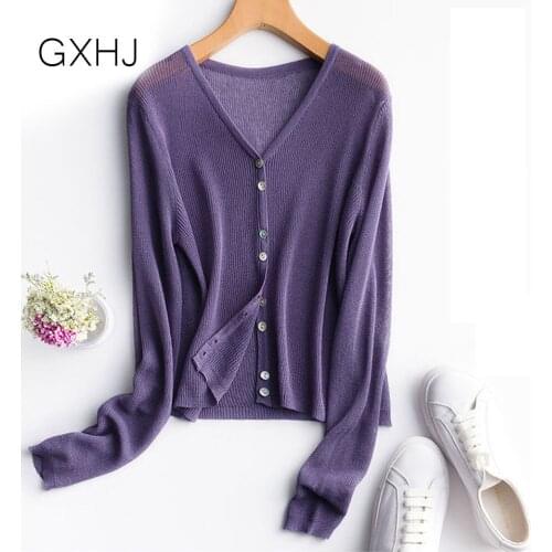Womne knitted cardigan short Womens Long-Sleeved Knit Cardigan Purple Tops Korean V-Neck Short Sunscreen Chic Sweater LHJ132