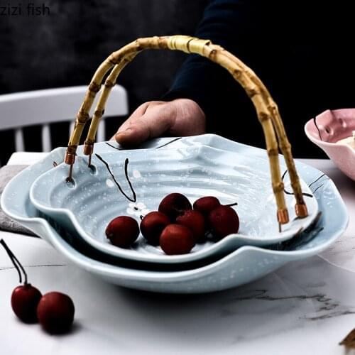 Ceramic Plate Fruit Tray Bamboo Handle Storage Basket Dinner Plate Salad Bowl Restaurant Decorative Plates Dessert Bowl Dishes