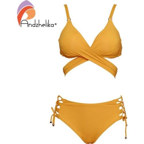Andzhelika Push Up Bikini Swimsuit Woman Sexy Cross Strap Bandage Two Kind Of Bottoms Swimwear 2021 Girls Beach Bathing Suits