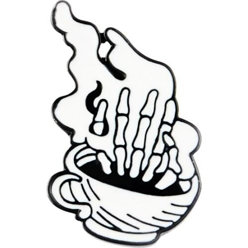 Coffee Cup Finger Joint Bone Enamel Metal Brooch Black Gothic Skeleton Badge Pin Sweater Backpack Hat Trendy Jewelry Accessories