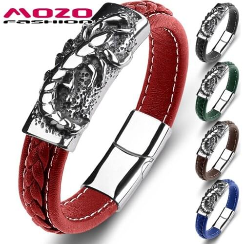MOZO FASHION Men Bracelets Classic Shrimp Stainless Steel Multi Color Genuine Leather Charm Wholesale Dropshipping Jewelry 134
