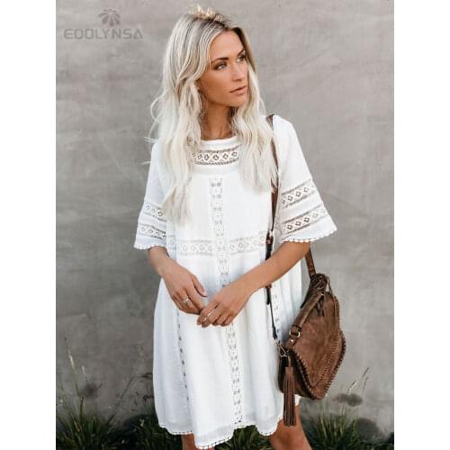 Tunic Cover-ups 2021 White Tunic Sexy Hollow Out O-Neck Beach Mini Dress Summer Women Beach Wear Swim Suit Cover Up Sarong Q907