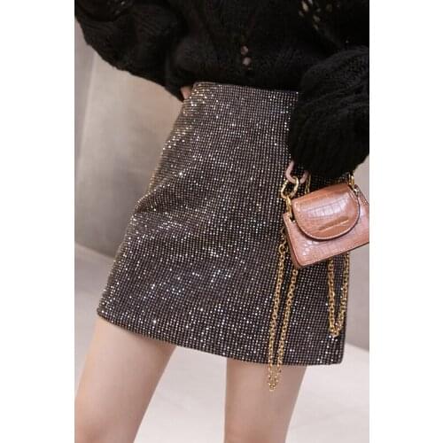 2020 new high waist slim sexy a-line bag hip skirt heavy industry hot drill short temperament fairy skirt DQ1260