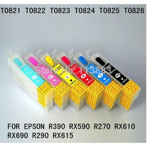 6 color 82 T0821 -T0826 Refillable ink cartridge for EPSON R390 RX590 R270 RX610 RX690 R290 RX615 printer Auto reset chip