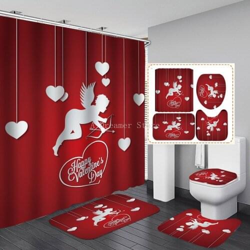 Luxury Red 3D Printed Shower Curtain Waterproof Polyester Bathroom Curtain Cartoon Shower Curtain Set Bath Mat Rug And 12 Hooks