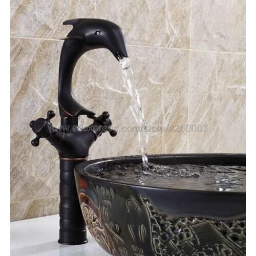 Dolphin Style Basin Faucet Black Brass Bathroom Vessel Sink Faucet - One Hole / Double Handle Deck Mounted Knf315
