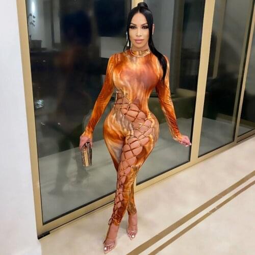 Tie Dye Print Sexy Rompers Womens Jumpsuit Autumn Clothes Hollow Out Skinny Bodycon Jumpsuit Romper Overalls for Women Clubwear