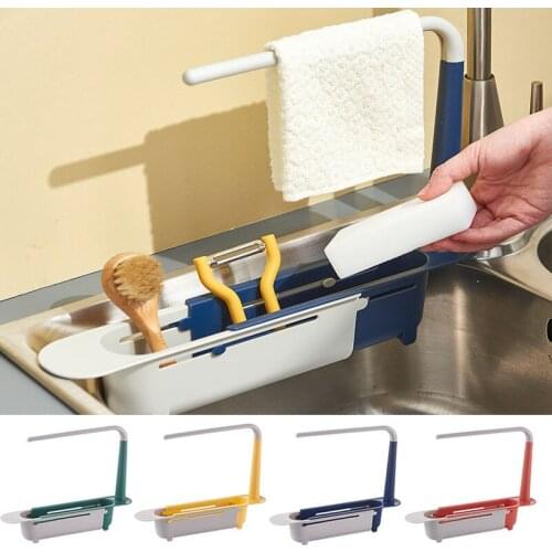 Telescopic Sink Shelf Kichen Sink Organizer Storage Basket Soap Sponge Holder Drain Rack Rag Towel Bar Hanging Rack Kitchen Tool