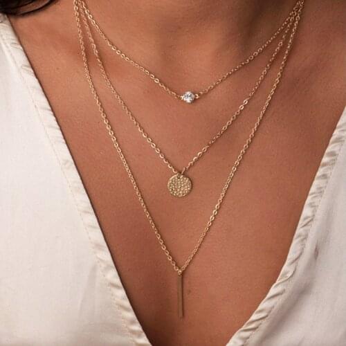 Three layer necklace bar disc pendant crystal setting charm Gold color plated metal chain woman necklace
