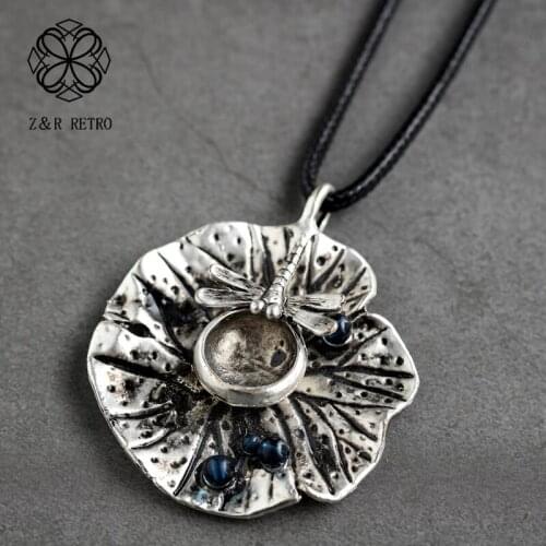 Vintage Jewelry for Women Long Necklace Lotus Leaf Drangonfly Pendants Chockers necklaces & pendants Jewellery Suspension Alloy