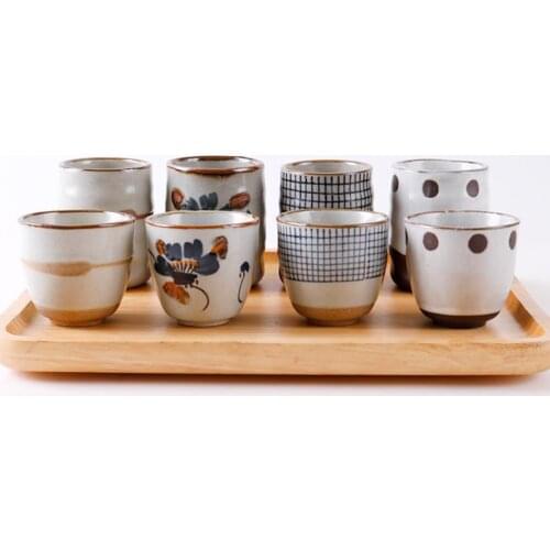 Japanese Style Ceramic Soup Cup Coarse Pottery Hand Painted Lattice Pattern Teacups Creative Retro Wine Cups Office Drinkware