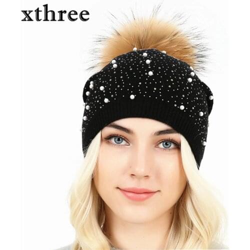 [Xthree]knitted women hat fur hats for lady beanies cap girl fur pom poms and wool knitted hat new thick female cap