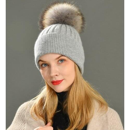 MAOMAOFUR Women Winter Hat Female Removable Real Raccoon Fur Pompom Hat Wool Knitted Hat Natural Fur Pompon Cap For Ladies Girls