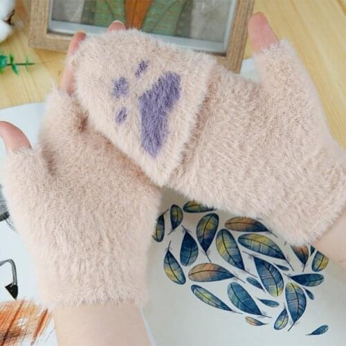 Womens Winter Gloves Keep Warm Cashmere Lovely Printing Weave Knitted Flip Gloves Cartoon Fashion Print Fingerless Gloves