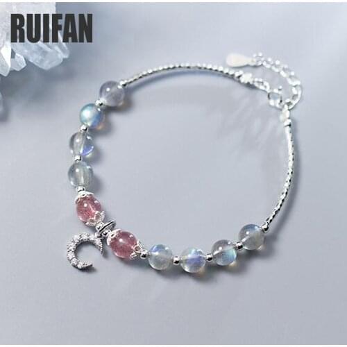 Ruifan Moon Natural Moonstone/Strawberry Quartz 925 Sterling Silver Strand Bracelets for Women Female Bracelet Jewelry YBR106