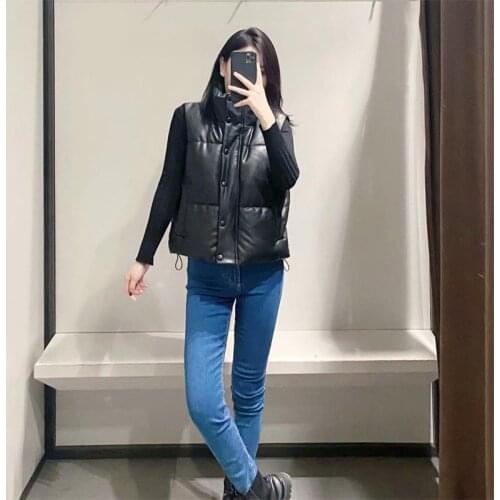 2021 Winter Fashion Leather Cotton Cropped Padded Waistcoat Women Vintage Sleeveless Coats Outerwear Streetwear Black Short Vest