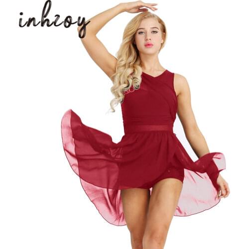 Women Sleeveless Cutout Back Asymmetrical Chiffon Ballet Dress Gymnastics Leotard Adult Stage Performance Lyrical Dance Costumes