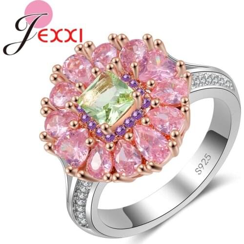 Hottest Summer Styles Real 925 Sterling Silver Stamped with Sparkling Big Pink Crystals Women Elegance Wedding Rings