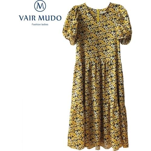 2021 New Summer Women Dress V-neck Yellow Small Floral Dress Small Girl Retro Fresh A-Line Big Long Skirt Women Elegant Y-306