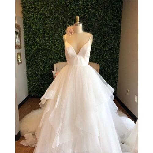 Spaghetti Straps Wedding Dresses V-neck White Ivory Tiered Tulle Skirt Elegant Bridal Gowns Backless Robe De Mariee Chapel Train