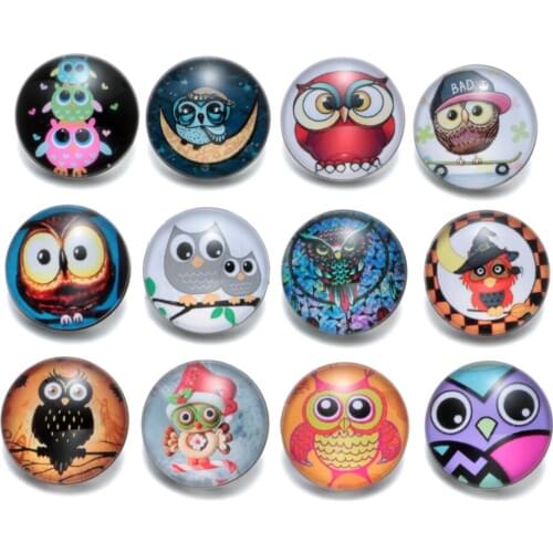 12pcs/lot Lovely Owl Pattern Charms 18mm Glass Snap Button For DIY Bracelet Snaps Jewelry KZ0371