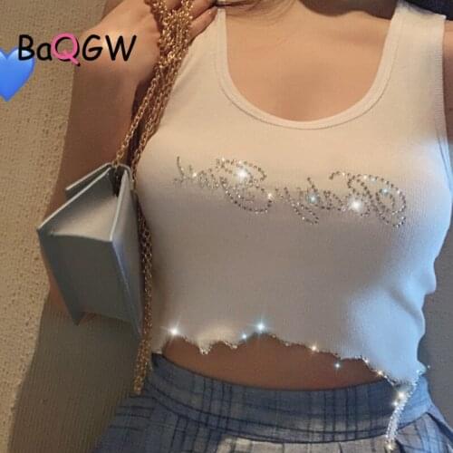 BaQGW Sexy Summer White Crop Top T Shirts Baby Girl Diamond Irregular Short Sleeveless Rhinestone Patchwork Tops Women Underwear