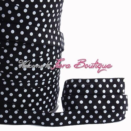 White polka dots silk screen ink fold over elastic ribbon