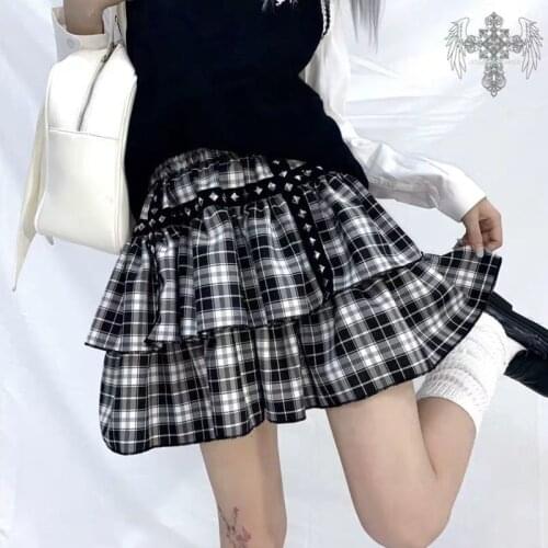 Black Plaid Ruffles Skirts Lace Womens Girls Y2K Summer Vintage Crop Streetwear Mini Pleated Skirt Gothic Hippie Kawaii Goth