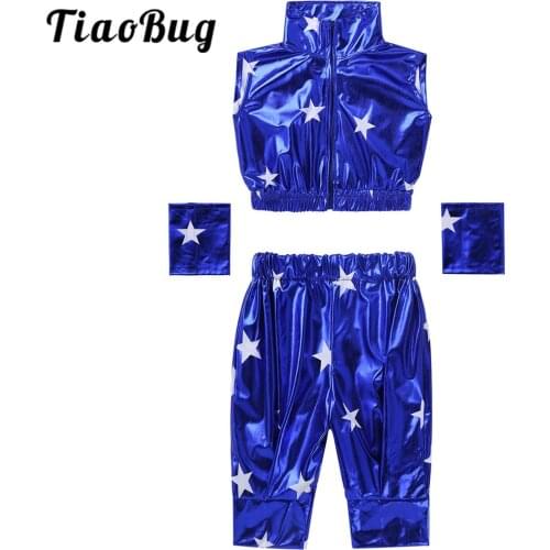 TiaoBug Kids Girls Boys Performance Modern Hip-hop Jazz Dance Costume Star Metallic Zipper Crop Top with Pants Wrist Sleeves Set