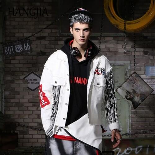 Rock Punk Denim Jackets Distressed Men White Jean Jacket Streetwear Loose Casual Jackets Coats Hip Hop Patch Denim Outwear