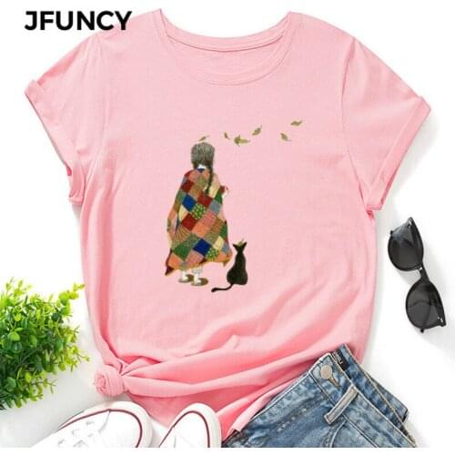 JFUNCY Womens Tee Shirt Summer Women Tops Female Clothes Plus Size Short Sleeve Cotton T-shirt New Cartoon Print Woman Tshirt