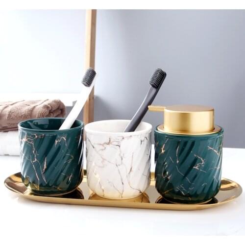 Ceramics 270ml Brushing Cup Simple Style Mouthwash Cup Marble Thread Lotion Bottle Separate Press-type Empty Bottle Couple Suit