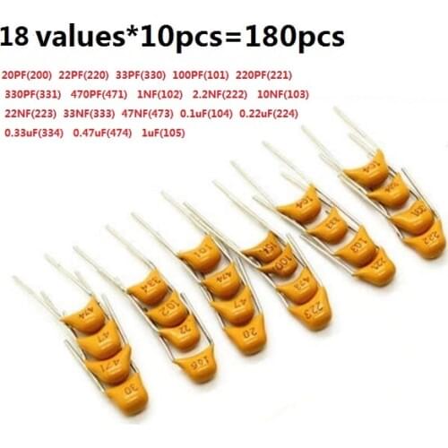Monolithic Capacitor kit 20pF - 1uF 18values*10pcs=180pcs 105 474 334 224 104 473 333 223 103 472 102 15PF NF Assorted 5.08MM