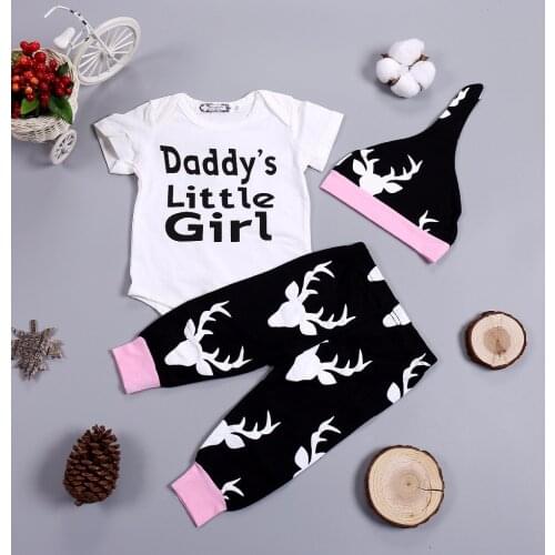 Newborn Baby Clothing Set Baby Girl Set 2021 Letter Daddys Little Girl Romper + Deer Head Pants + Hat 3PCS Baby Clothes