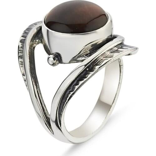 KUTAYDAN Tiger Eye Stone Hand Job Adjustable Tall Ring 925 Sterling Silver