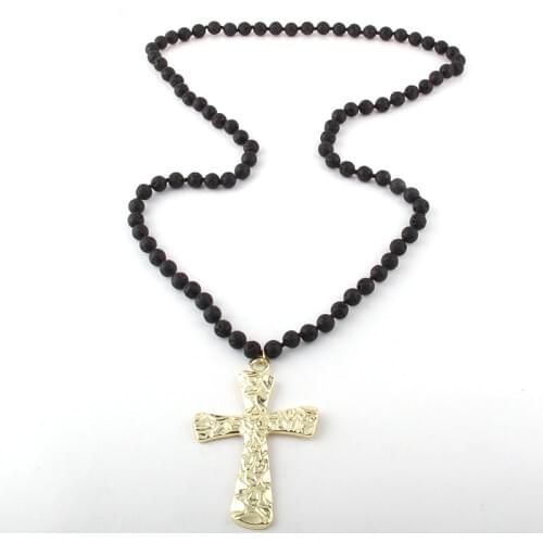 Fashion Bohemian Jewelry Lava Stone Knotted Metal Cross Pendant Necklaces