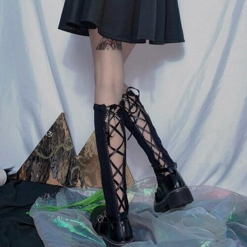 Harajuku Gothic Lolita Sexy Hollow Out Lace-Up Ribbons Socks Punk Women Girls Long Socks School Girls High Socks