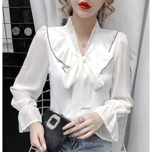 Spring and summer new loose long-sleeved bowknot light mature shirt female design sense Western chiffon shirt top