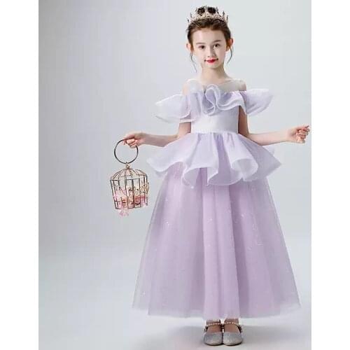 Flower Girl Dresses Illusion O-Neck Short Sequined Princess Floor-Length Tulle Lace Off The Shoulder Purple Kids Party Gown H482