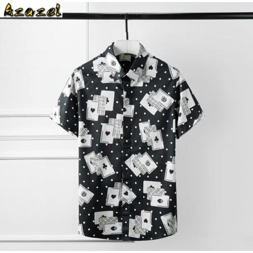 Azazel 100% Cotton Men Shirt Luxury Fashion Playing Cards Printed Men Shirt Short Sleeve Trend Mens Shirt Casual Slim Fit