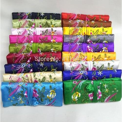 20pcs Embroidered Lucky Folding 3 Zipper Bag Strap Satin Jewelry Roll Up Pouch Makeup Bag Chinese Style Cosmetic Storage