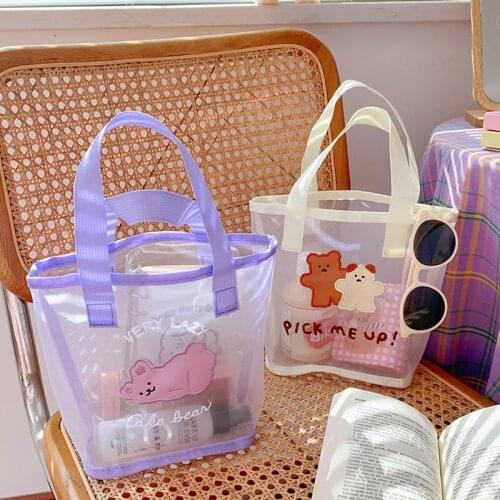 New Kawaii Bear Handbags Cute Cartoon Mesh Beach Bags Shopping Cosmetics Travel Storage Bag For Women Girl