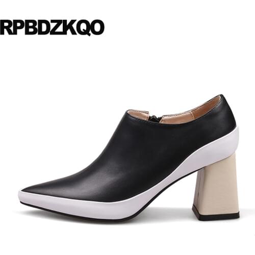 Chunky Genuine Leather High Heels 3 Inch Pumps 2018 Pointed Toe Prom Shoes Runway Italian Famous Ladies Ankle Boots Black Zipper