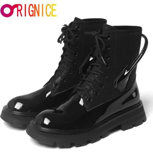 Orignice Women Autumn Ankle Boots Thick Bottom Round Toe Patchwork Patent Leather Lace Up Anti-Water New Fashion All Match Shoes