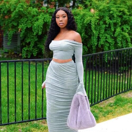 Solid color Two Piece Sets Women off the shoulder Flared sleeve Crop Top Long Skirts Autumn Sexy Long Sleeve Casual Skirt set