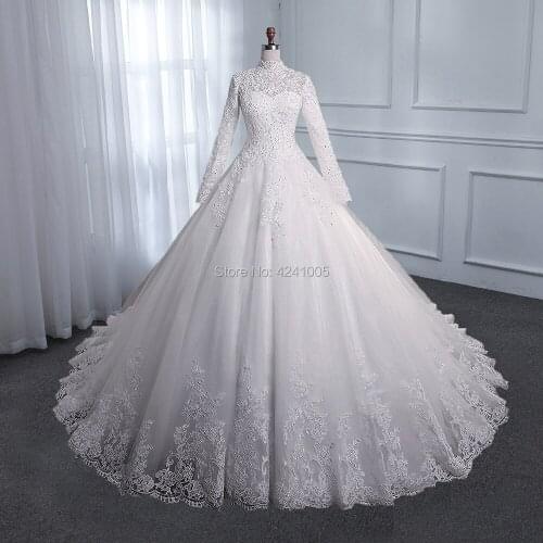 Muslim High Neck Wedding Dress Boho Lace Appliques White Long Sleeves Tulle Bridal Gown Plus Size A Line Robe De Mariee 2020