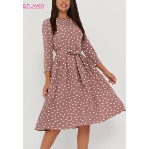 S.FLAVOR Vintage Dot Print A Line Dress Autumn Women Elegant Party Vestidos Long Sleeve O Neck Knee Leng Dress For Women 2021