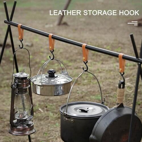 1/2/4pcs Outdoor PU Leather Hooks Camping Tripod Clothes Storage Portable Hiking Hanger Clothes Hook For Camp Supplies Durable