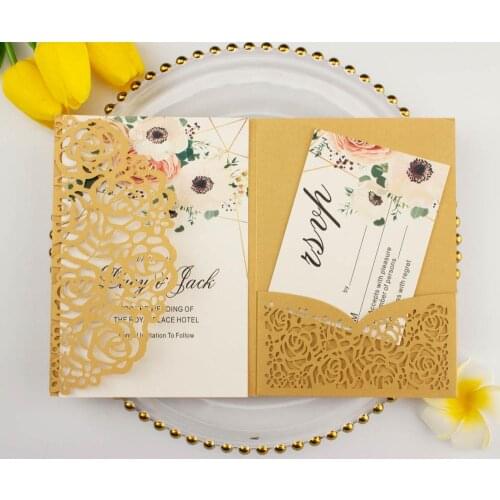 20pcs/lot dark navy blue pocketfold Laser Cut flower Wedding invitation Cards three folded card pocket Greeting invitation