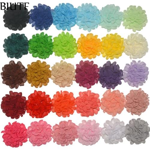 20pcs/lot 3 inch Burned Pompom Fabric Chiffon Flower with Alligator Clip Flat Back Hair Accessories 30 Colors for Choose TH271
